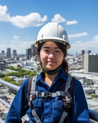 Wall Mural - Young woman construction worker showing city buildings under construction on white background