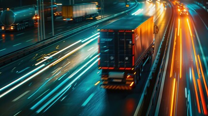 Wall Mural - Trucks on highway, street in night time. Motion blur, light trails. Transportation, logistic. Timelapse, hyperlapse of transportation. Abstract soft glowing lines