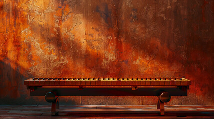 A glockenspiel set up on a table in front of a chocolate brown wall, with warm lighting and plenty of copy space.