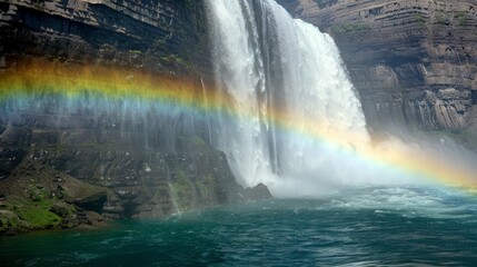 Wall Mural - Rainbows arc across the waterfall's mist, painting the air with vibrant hues of color.