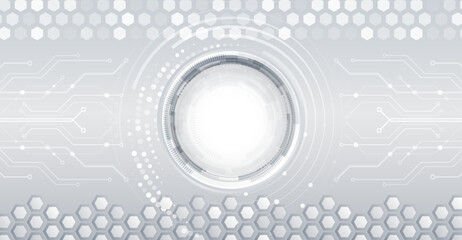 Poster - Data transfer and protection, internet connection on grey hexagonal background. High-tech computer design. Modern data protection presentation. Abstract futuristic circuit board concept.