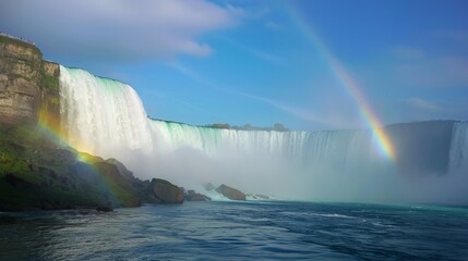 Wall Mural - Rainbows dance in the waterfall's mist, a fleeting spectacle that enchants all who behold it.