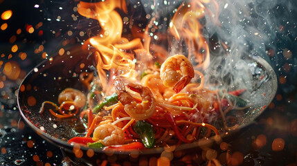 Close up of fire coming out from a wok with shrimp, vegetables and noodles being thrown into it