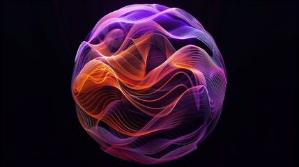 Wall Mural - A semi-transparent gradient sphere made of purple and orange wavy lines, on a black background.