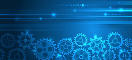 Wall Mural - Business and industry internet banner. The mechanism consisting of gears on a blue background for the presentation. Cogwheel for science experiment presentation. Futuristic high tech concept.