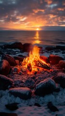 Sticker - campfire burning on the beach at sunset. 