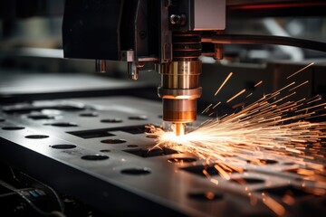 Poster - Close-up of CNC laser cutting machine producing sparks while working on a metal piece