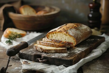 Wall Mural - Artisan bread freshly sliced on a rustic wooden table, showcasing the texture and crust