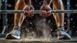 © Surachetsh - A close-up of a person's hands gripping a barbell, ready for a lift. The image highlights the strength and preparation involved in weightlifting, with chalk particles