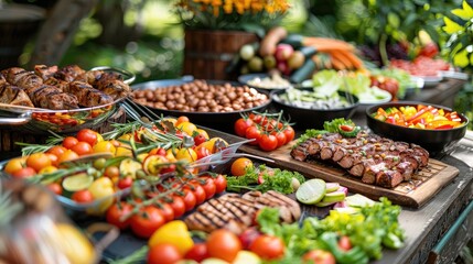 Wall Mural - Catering buffet food indoor in restaurant with grilled meat.