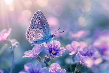 Sticker - Butterfly on violet lavender flowers.