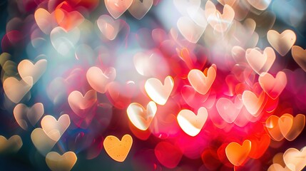 Poster - Valentines day background. Blurred heart shape bokeh background in white, red, peach fuzz colors