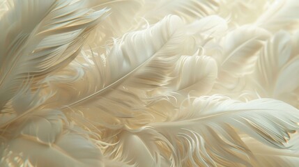 Wall Mural - Close-up of soft white feathers illuminated by gentle light, highlighting their delicate texture and ethereal beauty.