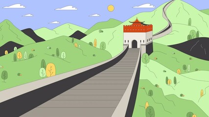 Poster - Beijing Great Wall of China line cartoon animation. Stone fortification with watchtower 4K video motion graphic. Chinese picturesque 2D linear animated landscape on green hills blue sky background