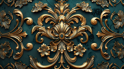 Wall Mural - An opulent baroque template featuring intricate floral patterns in teal and bronze, showcasing detailed and symmetrical designs, captured in stunning clarity.