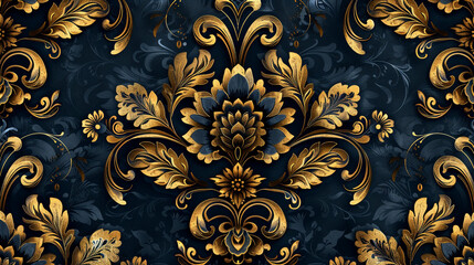 Wall Mural - A classic Victorian pattern in navy and gold, showcasing elegant floral motifs with a regal touch, ideal for textiles and wallpapers, captured in ultra-high definition.