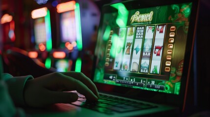 A hand reaches for laptop with slot machine game