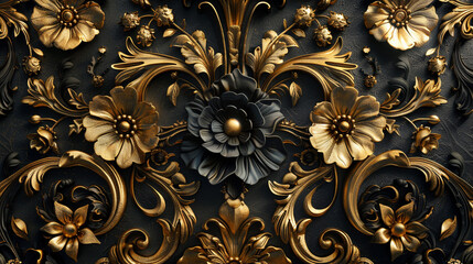 Wall Mural - A luxurious baroque template featuring intricate floral patterns in black and gold, with elegant scrolls and symmetrical designs, captured in stunning clarity.