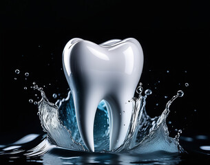 Tooth in close-up standing in the water on a black background; waves and splashes of water around; the concept of dentistry  