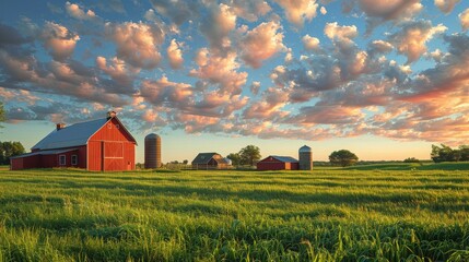 Stunning rural farm scene featuring red barns, silos, and lush green fields at sunset with a dramatic sky filled with colorful clouds.