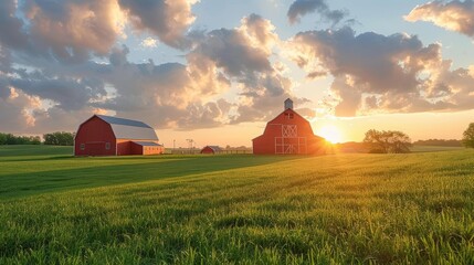 Wall Mural - Stunning sunset over red barns in a lush green field, with dramatic clouds creating a picturesque rural landscape.