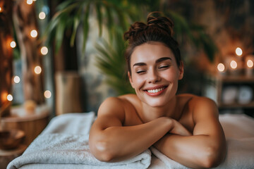 Wall Mural - beautiful beauty relaxed happy woman enjoying massage in spa studio salon, skin care therapy and cos