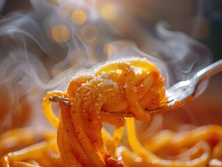 Wall Mural - mouthwatering pasta closeup perfectly twirled spaghetti on fork rich tomato sauce steam rising warm lighting italian cuisine perfection