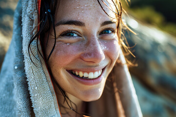 a smiling young woman with wet hair wrapped in a towel. Outdoor portrait photography for lifestyle and summer design