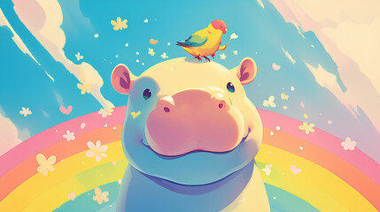 Canvas Print - cartoon of a happy little hippo with a bird on its head