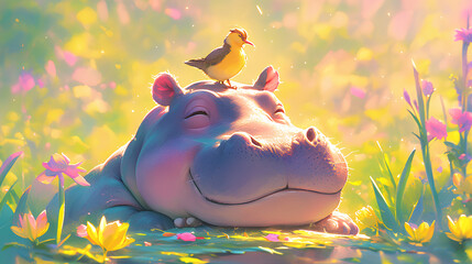 Poster - cartoon of a happy little hippo with a bird on its head