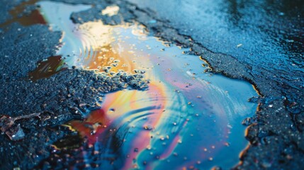 Aufkleber - A close-up shot of an oil slick on a wet pavement, reflecting vibrant colors of the rainbow