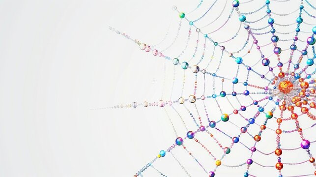 A vibrant graphic design of a spider web adorned with colorful beads and sequins,