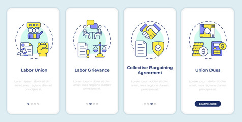 Wall Mural - Key labor relations concepts onboarding mobile app screen. Walkthrough 4 steps editable graphic instructions with linear concepts. UI, UX, GUI template. Montserrat SemiBold, Regular fonts used