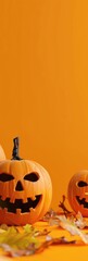 A Halloween holiday card with an image of pumpkins on an orange background. A Halloween greeting poster in a minimalist style.