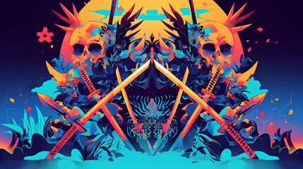 Canvas Print - Japanese oni skull and synthwave katana sword, anime style