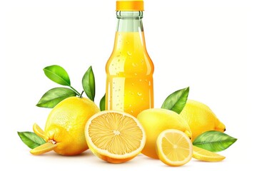 Wall Mural - Fresh lemonade bottle with ripe citrus fruits. Isolated on white background