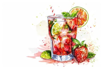 Canvas Print - Elegant gin mojito with strawberry and grapefruit.