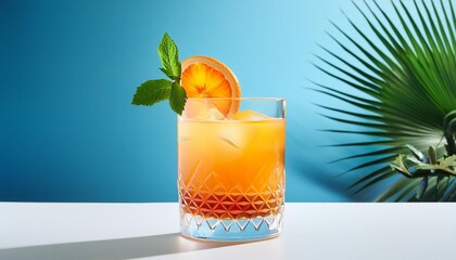 Sticker - whisky and fruit juice cocktail sitting on white tabletop over blue background in a minimalism style generative ai