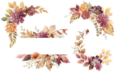 Wall Mural - autumn floral illustration clipart. fall wreath and bouquet. burgundy flowers for rustic wedding des