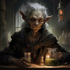 goblin, elderly, potion, brewer, enchanted, forest, magic, herbology, alchemy, fantasy, mythical, creature  Fantasy RPG character 