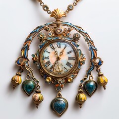 Beautiful vintage pocket watch and pearl necklace on rustic wood, selective focus. Generative AI
