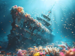 Wall Mural - underwater ceremony to create an artificial reef from a decommissioned ship showcasing the beauty of
