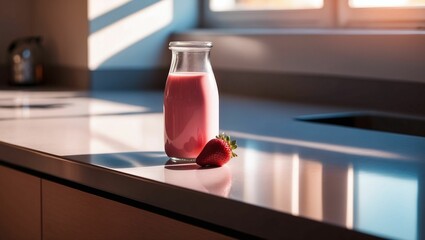 Poster - AI generated illustration of a bottle of fresh strawberry milk and a strawberry on a kitchen counter