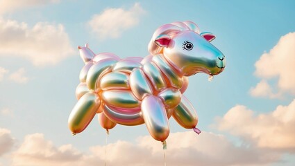 Poster - AI generated illustration of a colorful balloon shaped like a sheep floating in a sky