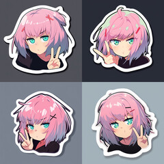 Wall Mural - Set of kawaii cartoon pesronages with pink hair on white background. Collection of stickers with anime girls.