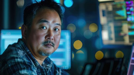 The picture of the software developer or programmer working with the computer and data inside the dark room with monitor, the developer require skills like problem solving and program language. AIG43.