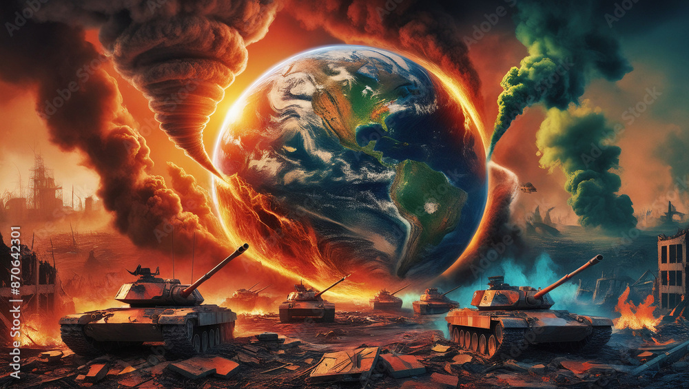 concept of planet Earth in turmoil with elements of warfare, climate ...