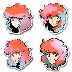 Leinwandbilder - A set of stickers with a red-haired anime woman on a white background. 