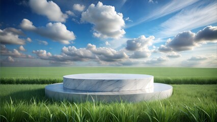 3D Rendering of marble podium backdrop with grass field and sky background