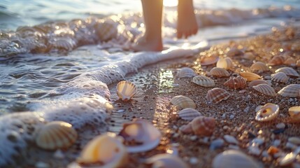 Sticker - Seashells crunch underfoot as we stroll along the shore, each step a reminder of the ocean's treasures.